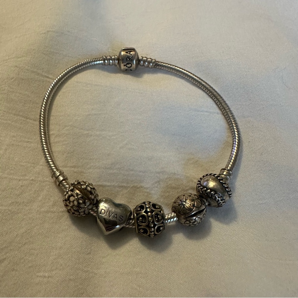 Pandora Silver Charm Bracelet w/ 5 Charms Baseball 8”